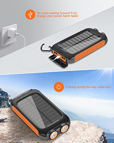 Solar Charger 20000mAh Solar Power Bank Portable Charger External Battery Pack USB C Input/Output Port Waterproof Solar Panel Charger with Dual LED Flashlights for iOS, Android and Outdoor Camping