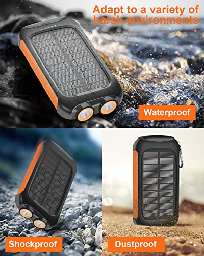 Solar Charger 20000mAh Solar Power Bank Portable Charger External Battery Pack USB C Input/Output Port Waterproof Solar Panel Charger with Dual LED Flashlights for iOS, Android and Outdoor Camping