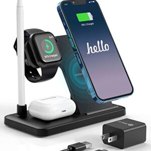 Wireless Charger, 4 in 1 Fast Charging Station Stand Compatible with iPhone 13/12/11/Pro/XS/XR/X/SE/8, 18W Charger Dock for Apple Watch 7/6/SE/5/4/3/AirPods Series/Apple Pencil 1st (Black)