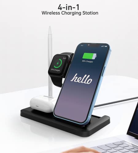 Wireless Charger, 4 in 1 Fast Charging Station Stand Compatible with iPhone 13/12/11/Pro/XS/XR/X/SE/8, 18W Charger Dock for Apple Watch 7/6/SE/5/4/3/AirPods Series/Apple Pencil 1st (Black)
