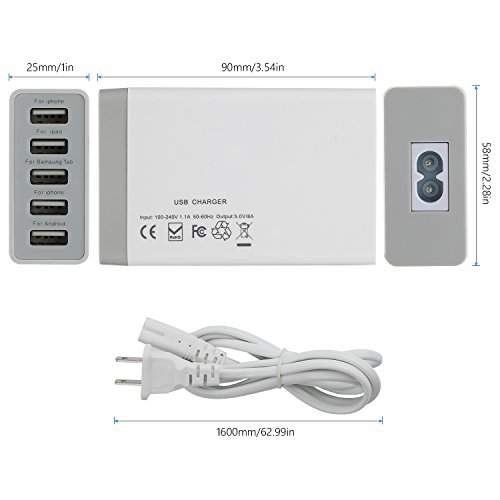 Desktop 5 Port USB Wall Charger 40W 8A, USB Hub Charging Station for Multiple Devices, Protable Multi Port USB Charger for Cell Phone x 8 8 Plus Pro, Pad, Android Smart Phone and More