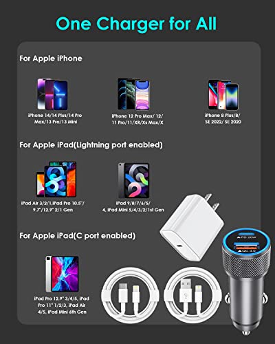 iPhone 13 Fast Car Charger Kit,Dual 38W【Apple MFi Certified】 USB C Fast Charging Car iPhone Wall Charger Adapter Block with 2Pack QC&PD3.0 Lightning Cable for iPhone 14 Pro Max/13/12/11/Xs/XR/8/iPad