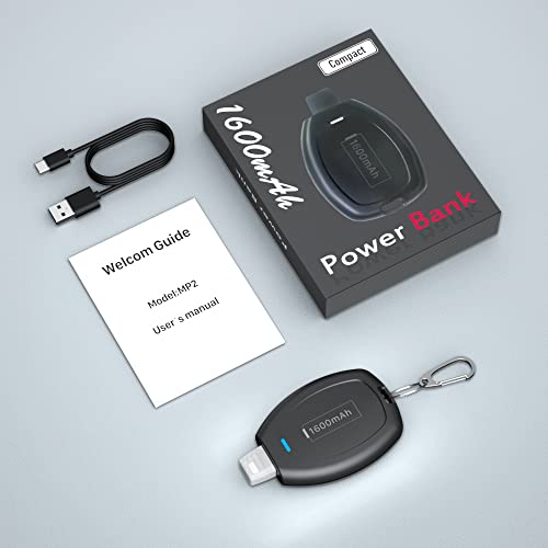 HUAENG Keychain Portable Charger Power Bank for iPhone 14 13 8 7, Airpods, 1600mAh Mini iPhone Power Emergency Pod Ultra-Compact External Fast Charging Battery Pack Key Ring Cell Phone Charger -Black