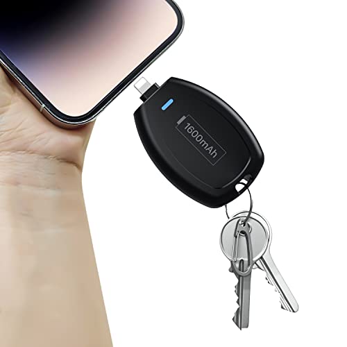 HUAENG Keychain Portable Charger Power Bank for iPhone 14 13 8 7, Airpods, 1600mAh Mini iPhone Power Emergency Pod Ultra-Compact External Fast Charging Battery Pack Key Ring Cell Phone Charger -Black