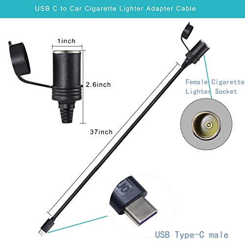 QIUCABLE USB C to Cigarette Lighter Adapter - 3ft 12V USB Type-C Male Plug to Cigarette Lighter Adapter Cable, 12 Volt USB-PD to Car Cigar Adapter Female Socket Power Cable