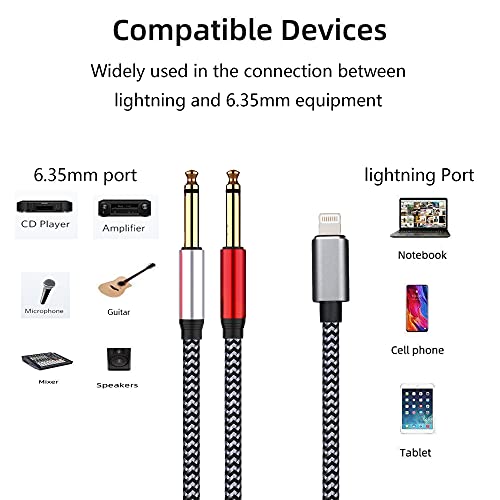 Lightning to Dual 6.35mm 1/4" TS Mono Stereo Y-Cable Splitter Lightning to Dual 1/4 inch Audio Cable Compatible for iPhone12/11/X/XS/XR/8/7/iPad,Amplifier, Speaker, Headphone, Mixing Console 6.6Feet