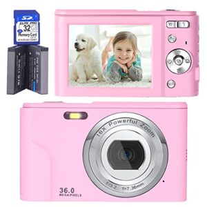 digital camera,fhd 1080p 36.0 mp vlogging small video camera,kids digital camera,rechargeable portable camera with 32g sd card,16x digital zoom,lcd screen for students teens beginners-pale