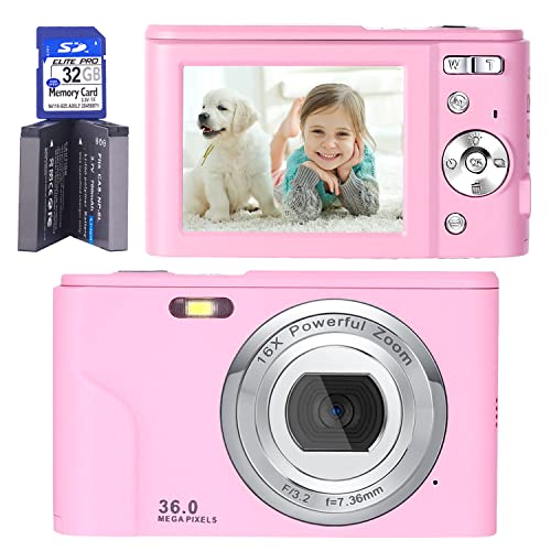 Digital Camera,FHD 1080P 36.0 MP Vlogging Small Video Camera,Kids Digital Camera,Rechargeable Portable Camera with 32G SD Card,16X Digital Zoom,LCD Screen for Students Teens Beginners-Pale