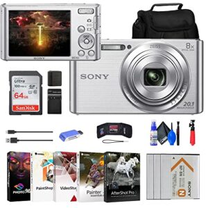 sony dsc-w830 digital camera (silver) (dsc-w830) + 2 x np-bn1 battery + case + charger + 64gb card + card reader + corel photo software + flex tripod + micro usb cable + memory wallet + cleaning kit