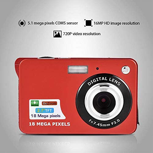 2.7 Inch Digital Video Camera, Mini Compact Digital HD Camera for Backpacking, 8X Automatically Digital Zoom, 5MP Full High Definition, Face Detection and Smile Capture Function, SD Card Storage(Red)