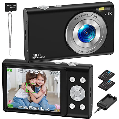 Digital Camera, RUAHETIL Autofocus FHD 2.7K 48MP Vlogging Camera for Kids, 16X Zoom 2 Charging Modes Kids Compact Camera Point and Shoot Camera for Kids Teens Students（Black）