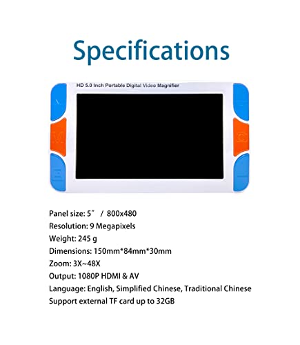 SunrayInno,SV500 5-inch LCD Portable High Resolution Digital Magnifier,Zoom 3x-48x.9 Megapixel Snapshot.Support HDMI 1080P Output Supported,Weak Sight Mode Supported,Voice Prompt.