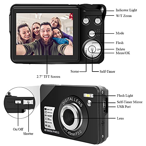 Digital Camera, 30MP 1080P Portable Point and Shoot Camera with SD Card, 2.7" TFT Screen Blogging Camera 8X Digital Zoom Slim Pocket Camera