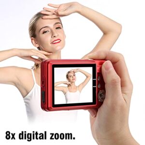 Nofaner Digital Camera, 8X Zoom Card Digital Camera 5 MP 2.7in LCD Display Maximum Support 32GB Memory Card Builtin Microphone Mini Digital Camera(red)
