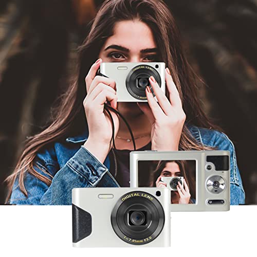 Digital Camera with 18MP 2.7 Inch LCD Screen 8X Digital Zoom FHD 1080P Digital Camera, 32G Camera with a Wide-Angle Lens for Teens Students Boys Girls Seniors, Lapse Automatic Shooting (White)