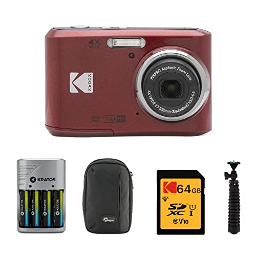 Kodak PIXPRO FZ45 Friendly Zoom Digital Camera (Red) Bundle with 64 GB UHS-I U1 SDXC Memory Card, Rapid Travel Charger with 4 AA Rechargeable Batteries, Spider Tripod, and Camera Case (5 Items)