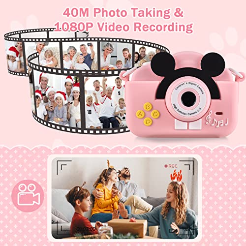 Wennzy Mini Cartoon Kids Digital Camera 1080P Digital Video Camera for Kids Dual Lens 2.0 Inch IPS Screen 4X Zoom Built-in Battery Cute Photo Frames Interesting Games with Neck Strap