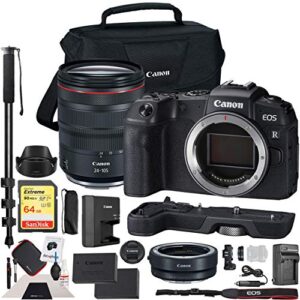 canon eos rp mirrorless camera with rf 24-105mm f4 l is usm lens kit bundle with lens mount adapter ef-eos r adapts ef and ef-s lenses, 64gb memory card, extension grip and accessories (4 items)