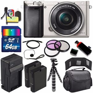 sony alpha a6000 mirrorless digital camera with 16-50mm lens (silver) + battery + charger + 64gb bundle 6 – international version (no warranty)
