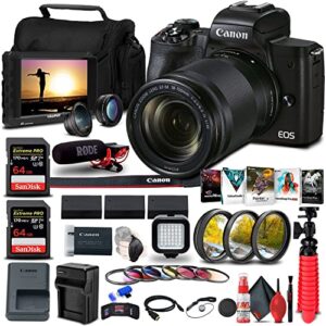 canon eos m50 mark ii mirrorless camera with ef-m 18-150mm is stm lens (4728c001) + 4k monitor + rode videomic + 2 x 64gb memory card + color filter kit + 3 x lpe12 battery + more (renewed)