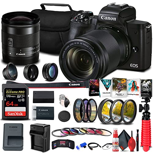 Canon EOS M50 Mark II Mirrorless Camera with EF-M 18-150mm is STM Lens (4728C001) EF-M 11-22mm f/4-5.6 is STM Lens (7568B002) + 64GB Memory Card + Color Filter Kit + More (Renewed)