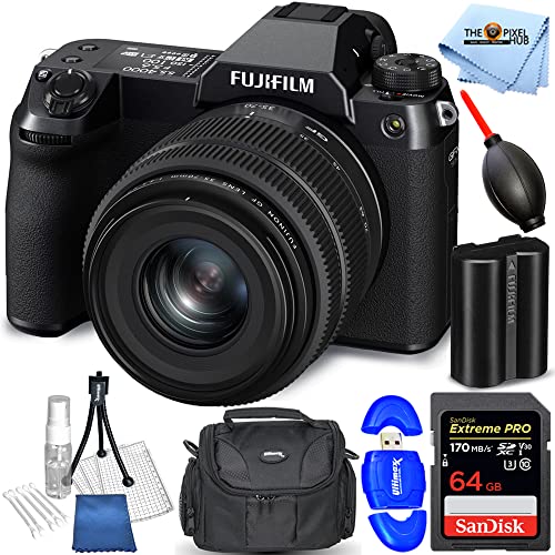 FUJIFILM GFX 50S II Medium Format Mirrorless Camera with 35-70mm Lens - 7PC Accessory Bundle Includes: Sandisk Extreme Pro 64GB SD, Card Reader, Gadget Bag, Blower. Microfiber Cloth and Cleaning Kit