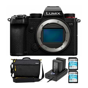 panasonic lumix s5 4k mirrorless full-frame l-mount camera (body only) bundle with camera bag, rechargeable batteries with dual charger and 128gb memory card (2-pack) (5 items)