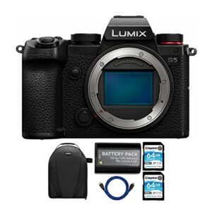 panasonic lumix s5 4k mirrorless full-frame l-mount camera (body only) with sling camera bag, battery pack, 64gb sd cards and hdmi cable bundle (6 items)