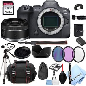 als variety eos r6 mirrorless digital camera with rf 50mm f/1.8 stm lens bundle + 128gb memory + case + filters + tripod (24pc bundle)