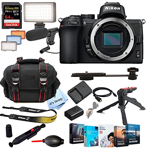 Nikon Z50 Mirrorless Digital Camera 20.9MP Body (No Lens) + Shot-Gun Microphone + LED Always on Light+ 64GB Extreme Speed Card, Gripod, Case, and More (26pc Video Bundle)