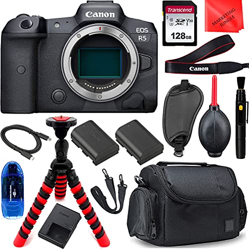 Canon Intl., Canon EOS R5 Mirrorless Digital Camera (Body Only) Advanced Bundle with Extra Battery, 128GB Memory Card, Spider Tripod, Gadget Bag, Cleaning Kit and More 4147C002, Black, full-size