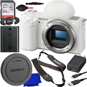 ultimaxx basic bundle + sony zv-e10 mirrorless camera (body only, white) + sandisk 64gb ultra memory card, high speed memory card reader, dust blower, manufacturer accessories & more (13pc bundle)
