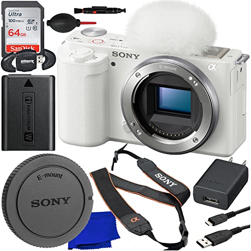 Ultimaxx Basic Bundle + Sony ZV-E10 Mirrorless Camera (Body Only, White) + SanDisk 64GB Ultra Memory Card, High Speed Memory Card Reader, Dust Blower, Manufacturer Accessories & More (13pc Bundle)