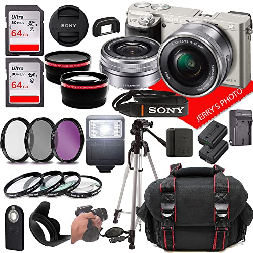 Sony Intl. Alpha A6000 Silver Mirrorless Digital Camera w/Sony E PZ 16-50mm f/3.5-5.6 OSS Lense + Case + 128GB Memory (22pc Bundle) (Renewed)