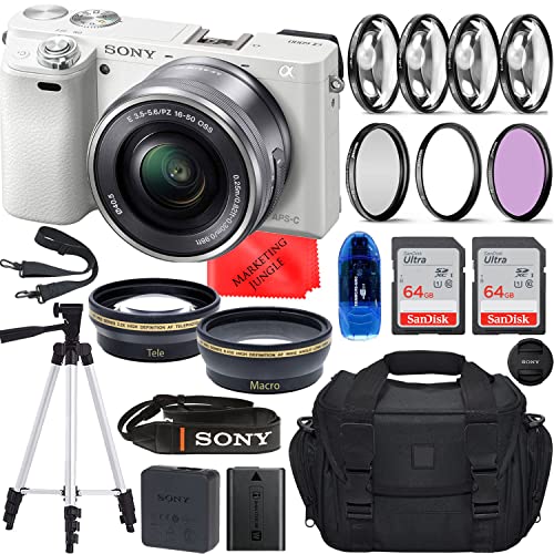 Camera Bundle for Sony Alpha a6000 Mirrorless Digital Camera with 16-50mm Lens (White) Must Have Bundle Wide Angle and Telephoto + Accessories (Renewed)