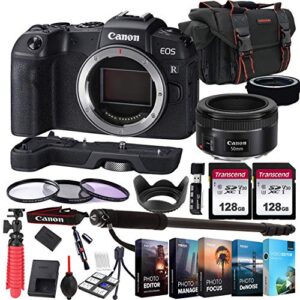 canon eos rp mirrorless camera with ef 50mm f/1.8 stm prime lens + 256gb memory + extension grip + photo editing software + accessory bundle (27pcs) (renewed)