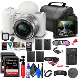 sony zv-e10 mirrorless camera with 16-50mm lens (white) (ilczv-e10l/w) + 4k monitor + pro mic + 2 x 64gb memory card + filter kit + corel photo software + bag + 3 x npf-w50 battery + more (renewed)
