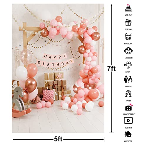 Imirell Baby Girl Birthday Backdrop 5Wx7H Feet Pink Balloons Gifts Sweet Princess Little Girl Birthday Party Photography Backgrounds Decorations Banners Photo Shoot Decor Props Fabric