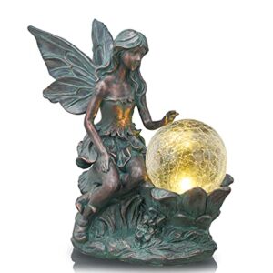 teresa’s collections fairy garden sculptures & statues, large solar outdoor statue figurines with crackle glass globe, resin fairy garden decor for outside balcony patio deck yard decor,11.8 inch