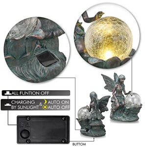 TERESA'S COLLECTIONS Fairy Garden Sculptures & Statues, Large Solar Outdoor Statue Figurines with Crackle Glass Globe, Resin Fairy Garden Decor for Outside Balcony Patio Deck Yard Decor,11.8 inch