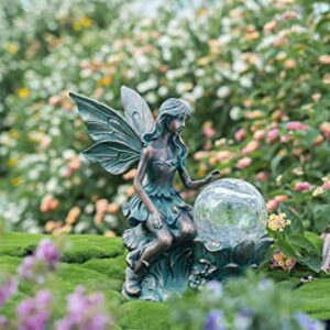 TERESA'S COLLECTIONS Fairy Garden Sculptures & Statues, Large Solar Outdoor Statue Figurines with Crackle Glass Globe, Resin Fairy Garden Decor for Outside Balcony Patio Deck Yard Decor,11.8 inch