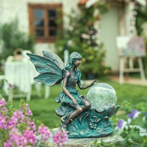 TERESA'S COLLECTIONS Fairy Garden Sculptures & Statues, Large Solar Outdoor Statue Figurines with Crackle Glass Globe, Resin Fairy Garden Decor for Outside Balcony Patio Deck Yard Decor,11.8 inch