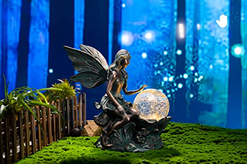 TERESA'S COLLECTIONS Fairy Garden Sculptures & Statues, Large Solar Outdoor Statue Figurines with Crackle Glass Globe, Resin Fairy Garden Decor for Outside Balcony Patio Deck Yard Decor,11.8 inch