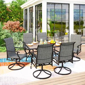 phi villa 7 piece patio dining set, 6 metal swivel dining chairs padded with fast-dry foam & 1 metal 60″x38″ rectangle wood-like dining table clearance for garden pool & deck