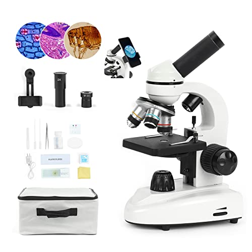 LaMula-Optics Microscope for Adults Kids Students, 100X-2000X Microscopes,Metal-Body Dual LED Illumination, Biological Compound Monocular Microscope Kit for School Lab, Home Education w/Phone Adapter