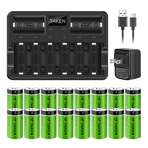 Taken 16 Pack CR123A 3.7V 750mAh [ CAN BE RECHARGED ] Batteries and Charger for Arlo Cameras (VMC3030/VMK3200/VMS3330/3430/3530), Flashlight, Microphone