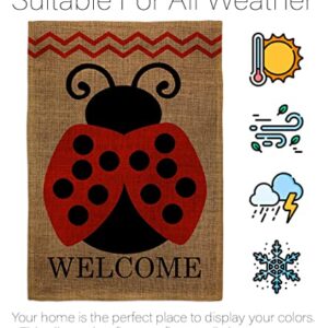 Welcome Ladybug Burlap Garden Flag - Friends Bugs & Frogs Butterfly Ladybugs Dragonfly Bee Springtime Insect Natural Wildlife - Yard Decorations Holiday Outdoor Flags Double-Sided 12.5 X 18