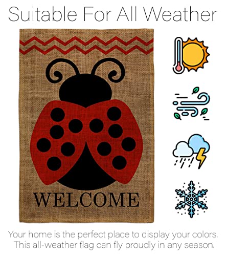 Welcome Ladybug Burlap Garden Flag - Friends Bugs & Frogs Butterfly Ladybugs Dragonfly Bee Springtime Insect Natural Wildlife - Yard Decorations Holiday Outdoor Flags Double-Sided 12.5 X 18