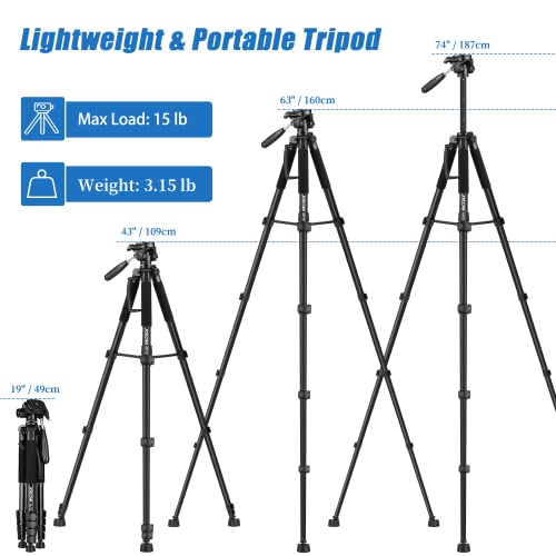 Tripod Camera Tripods, 74" Tripod for Camera Cell Phone Video Photography, Heavy Duty Tall Camera Stand Tripod, Professional Travel DSLR Tripods Compatible with Canon Nikon iPhone, Max Load 15 LB