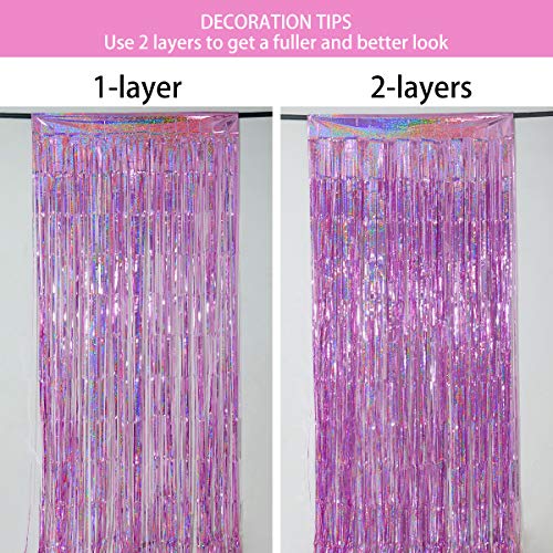 Foil Fringe Curtains Party Decorations - Melsan 3 Pack 3.2 x 8.2 ft Tinsel Curtain Party Photo Backdrop for Birthday Party Baby Shower or Graduation Decorations Pinkish Purple